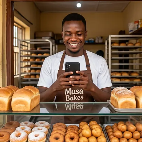 A baker in a Musa Bakes apron behind a counter of bread, looking at his phone.