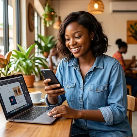 A designer at a café table with her laptop open, smiling at her phone.