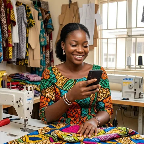 A fashion designer in her studio, smiling at her phone over a length of Ankara fabric.