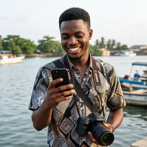 A photographer with a camera on his shoulder, checking his phone by the lagoon.